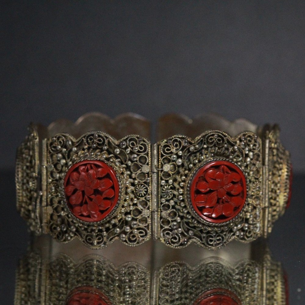 CINNABAR CHINESE FILIGREE SILVER 800 BRACELET